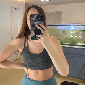 strappy grey sports bra